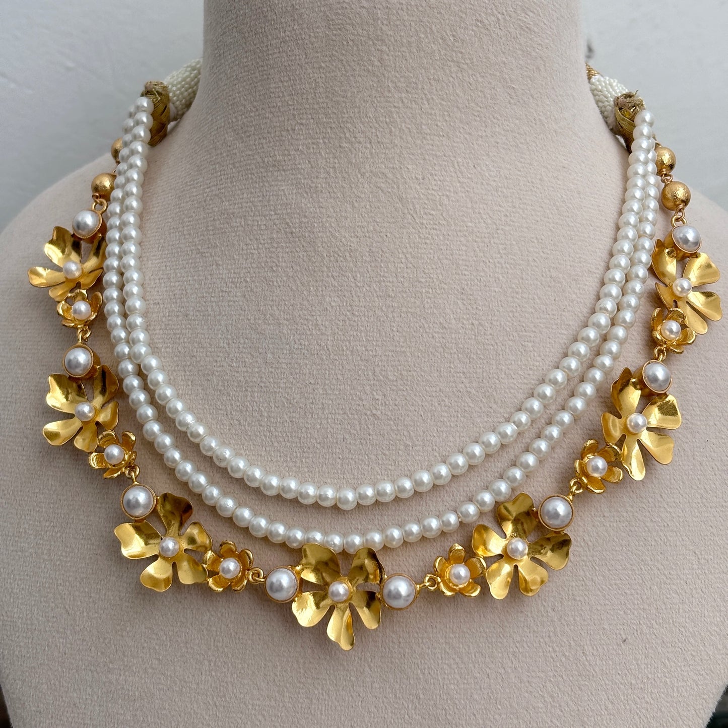 Triple Layered Floral Necklace with Pearls