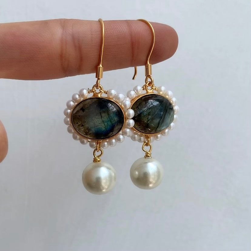 Labradorite Pearl Danglers