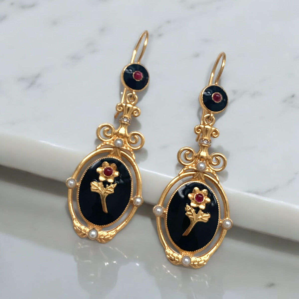 Black Flower & Enamel Earrings