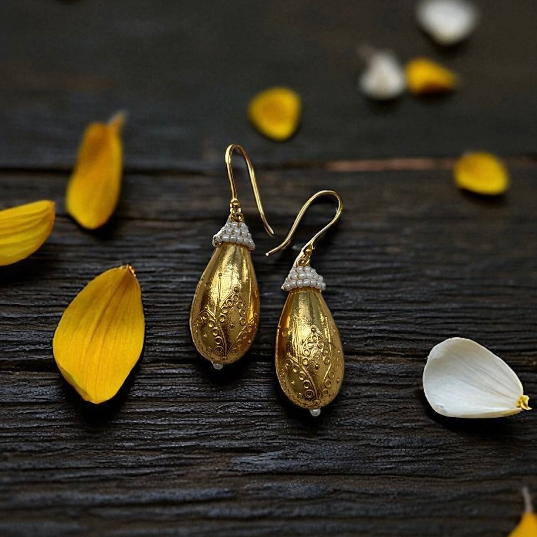 Golden Drop & Pearl Earrings