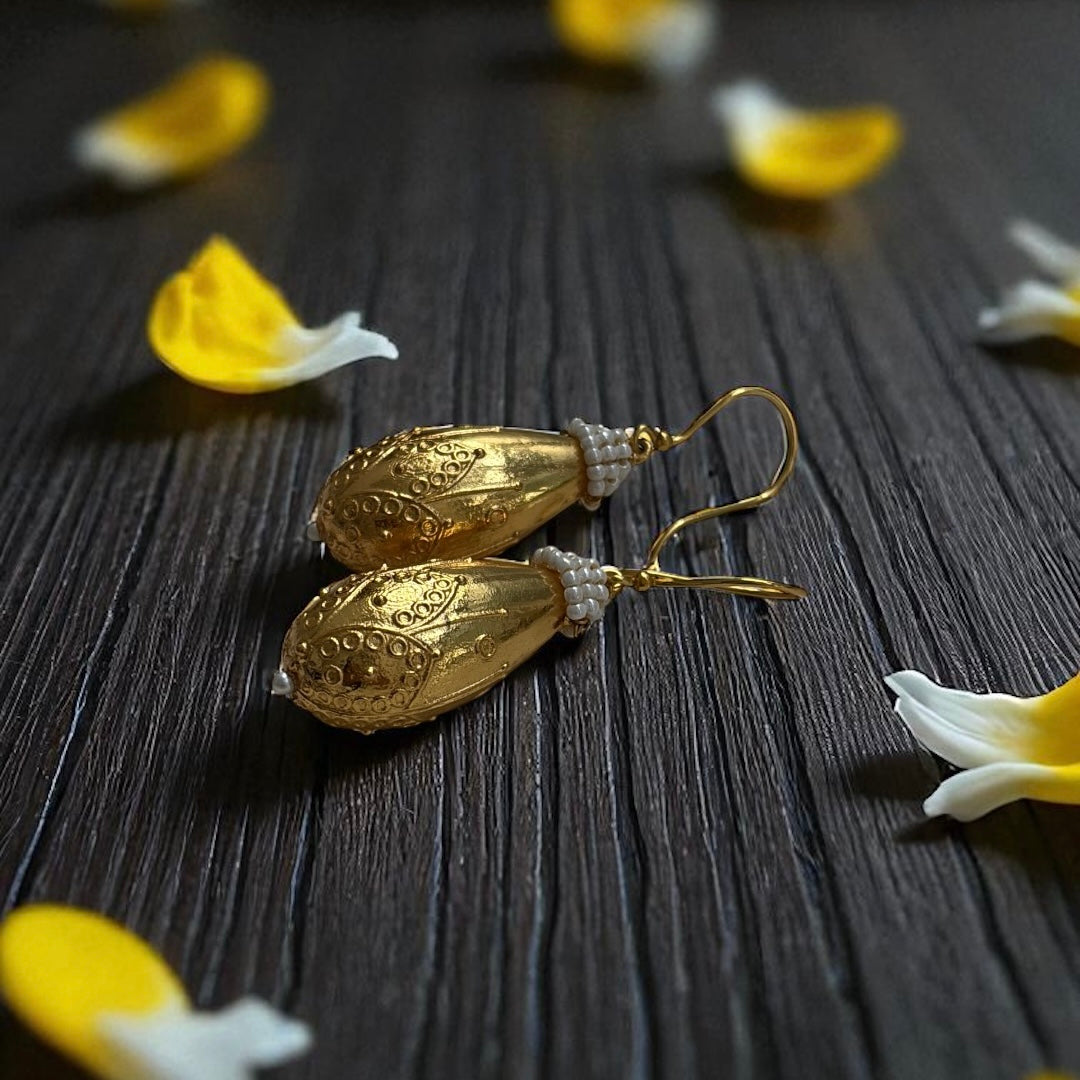 Golden Drop & Pearl Earrings