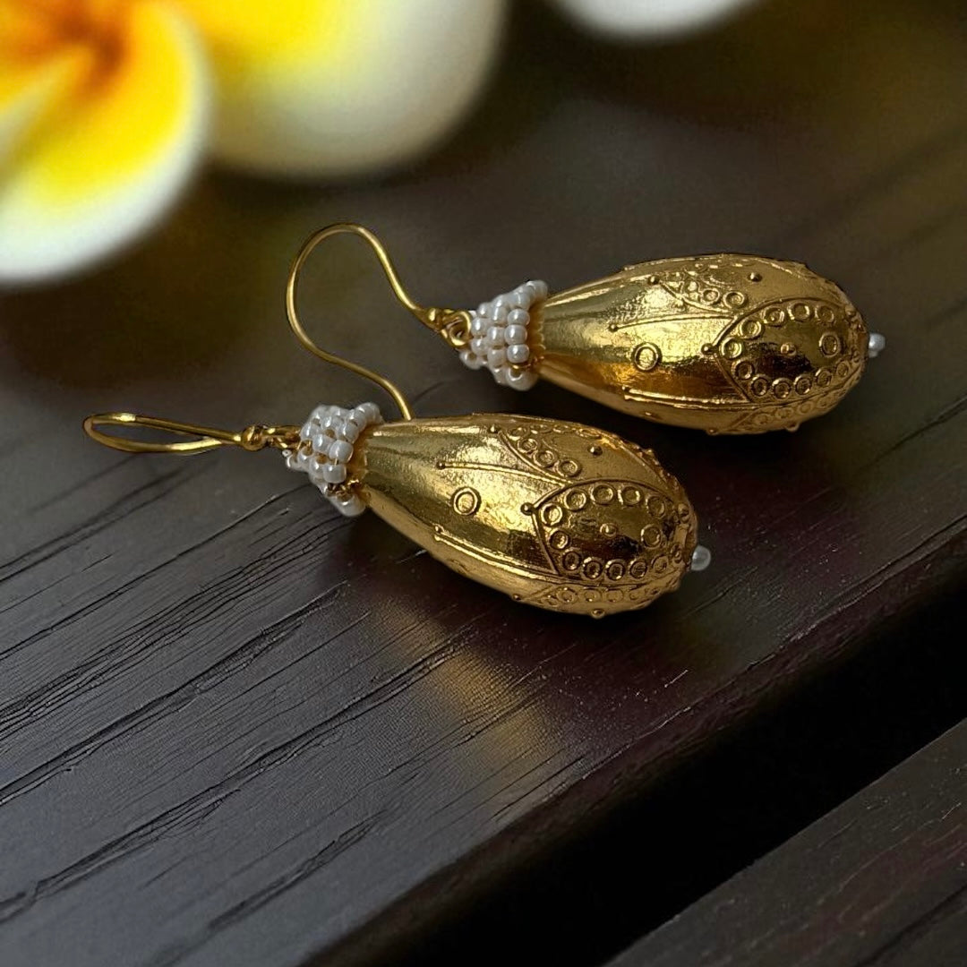 Golden Drop & Pearl Earrings