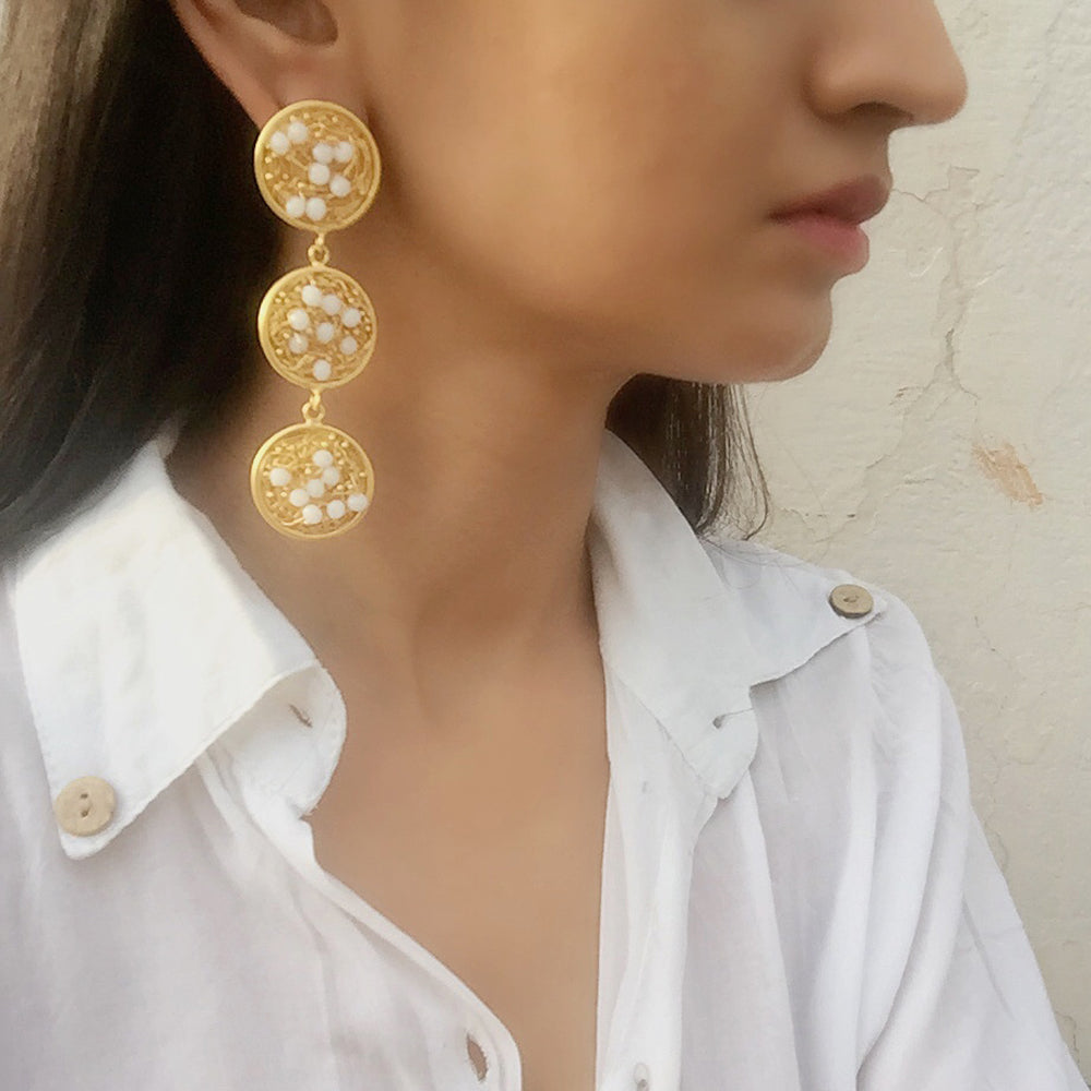 Beaded White Mesh Danglers