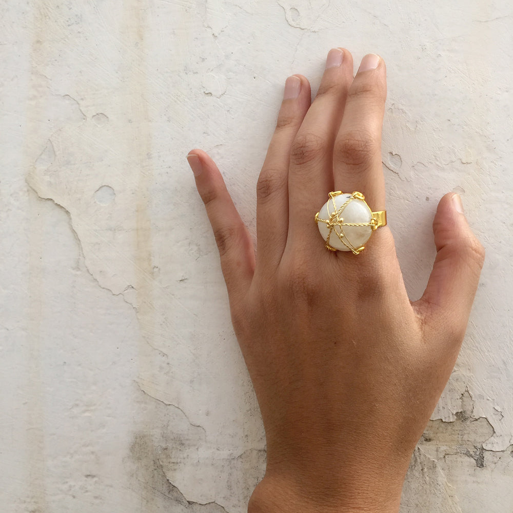 Rainbow Moonstone Mesh Stud Ring