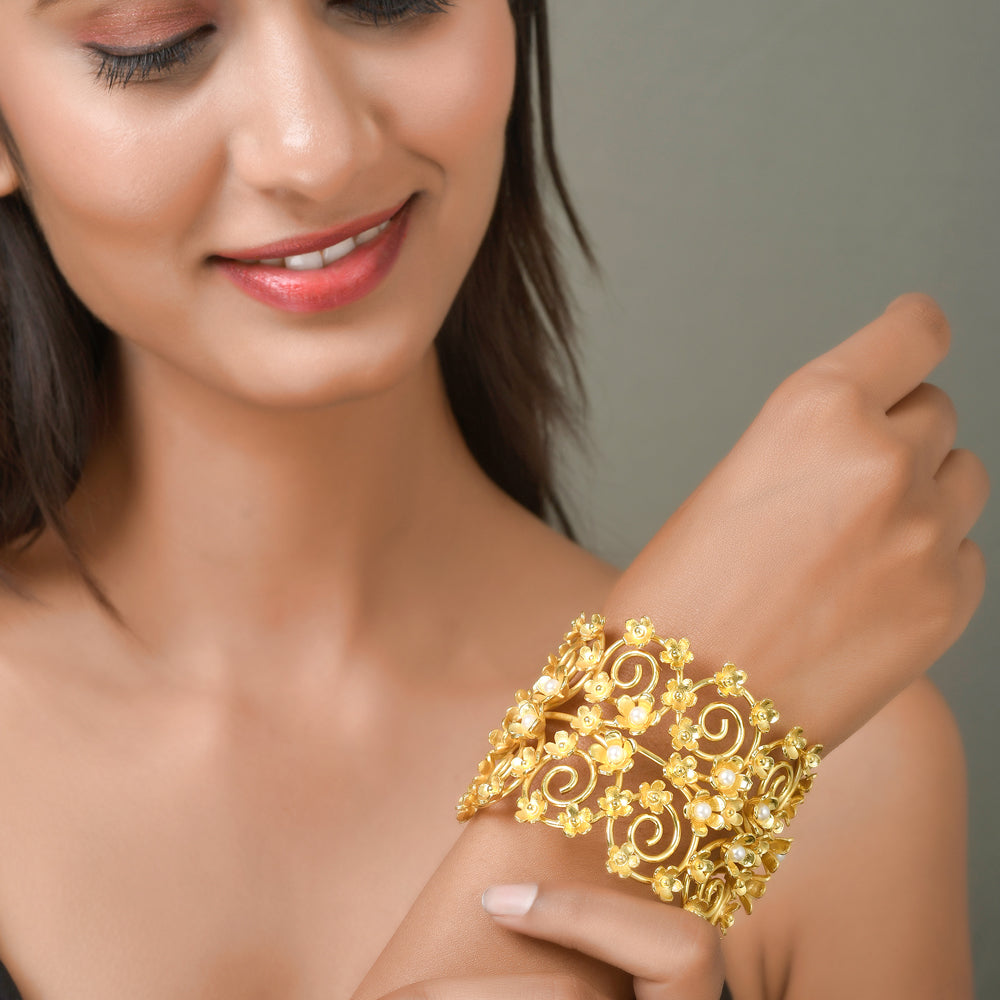 Statement Floral Bracelet with Pearls