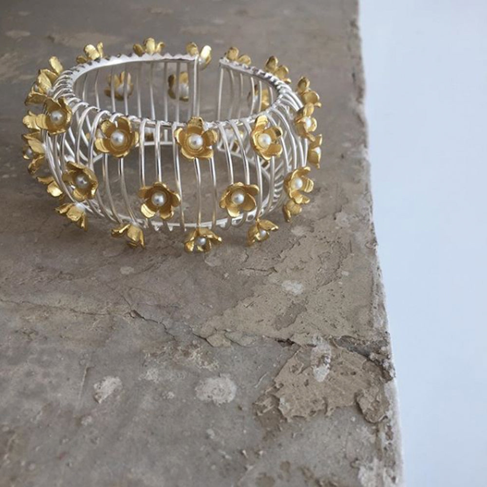 Two Tone Floral Bracelet with Pearls