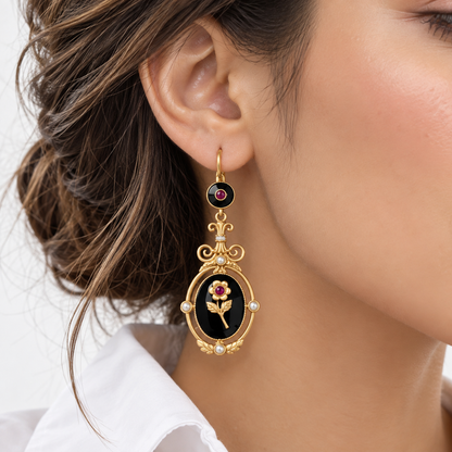 Black Flower & Enamel Earrings