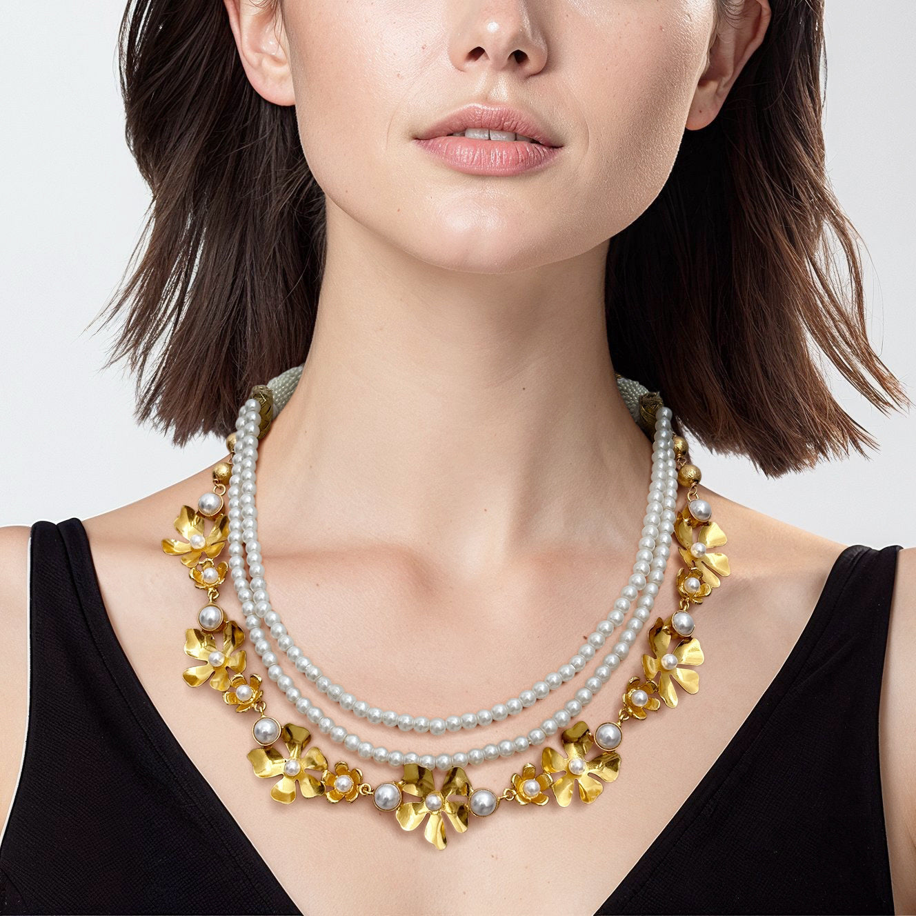 Triple Layered Floral Necklace with Pearls