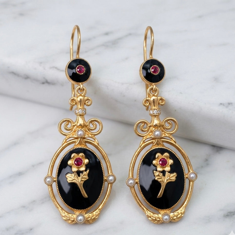 Black Flower & Enamel Earrings