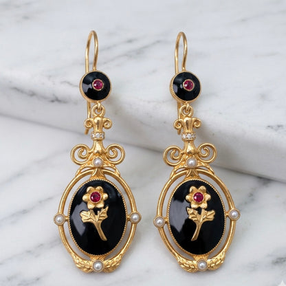 Black Flower & Enamel Earrings