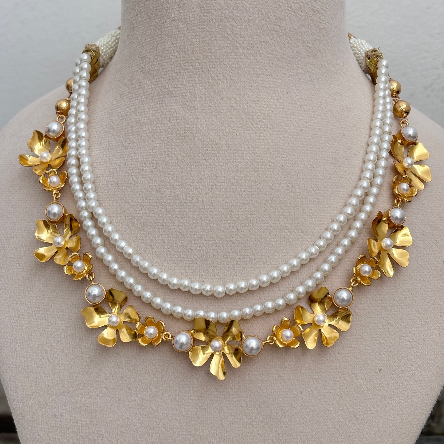 Triple Layered Floral Necklace with Pearls