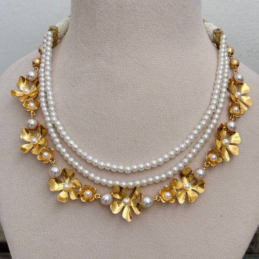 Triple Layered Floral Necklace with Pearls