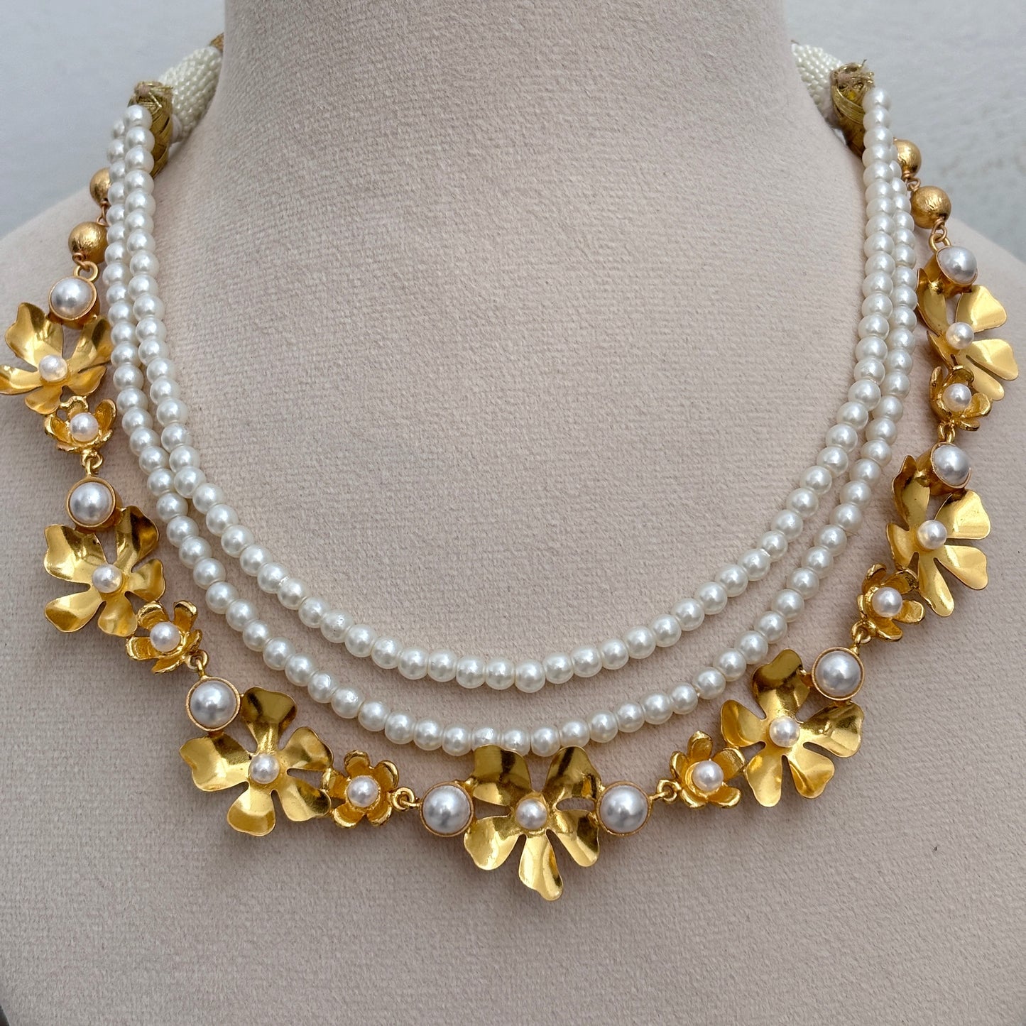 Triple Layered Floral Necklace with Pearls