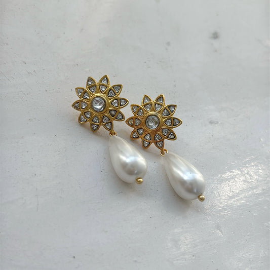Polki Pearl Drop Earrings