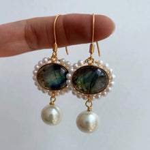 Load image into Gallery viewer, Labradorite Pearl Danglers