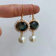 Load image into Gallery viewer, Labradorite Pearl Danglers