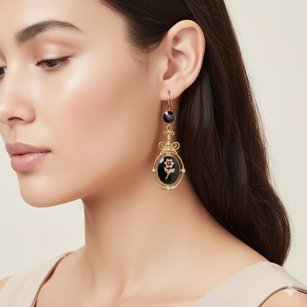 Black Flower & Enamel Earrings