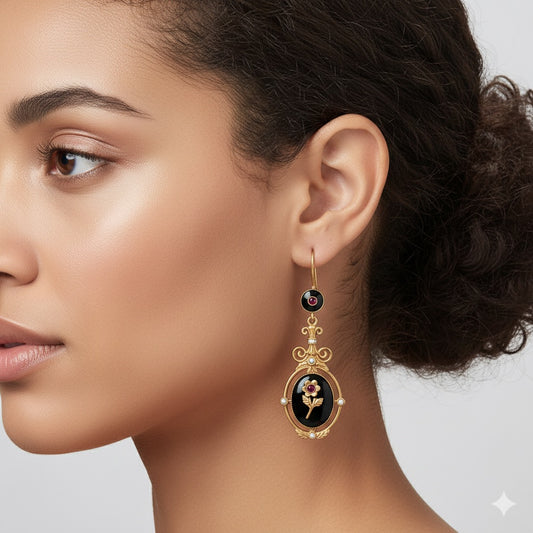 Black Flower & Enamel Earrings