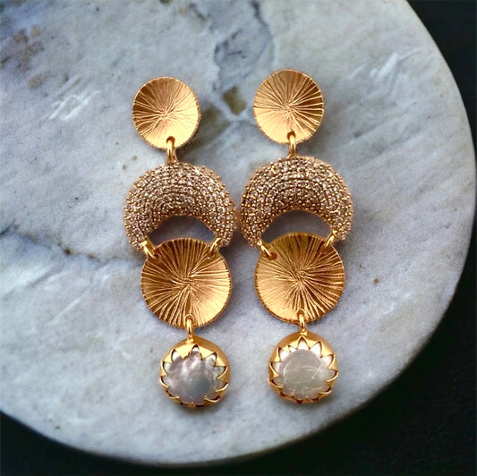 CZ & Baroque Pearl Half Chaand Earrings