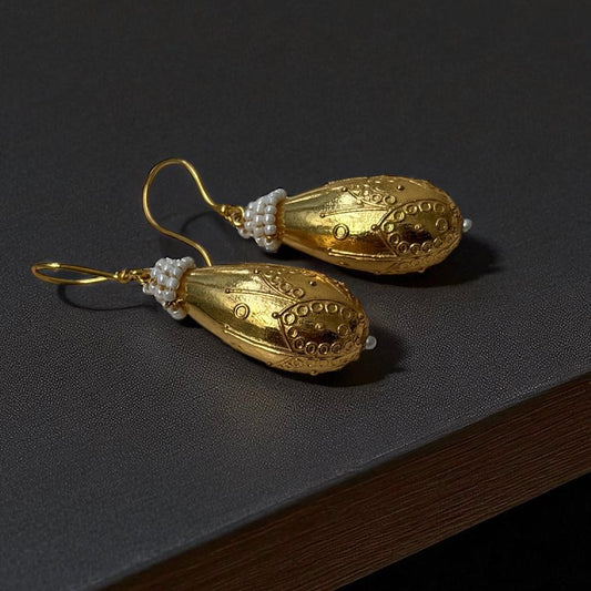 Golden Drop & Pearl Earrings