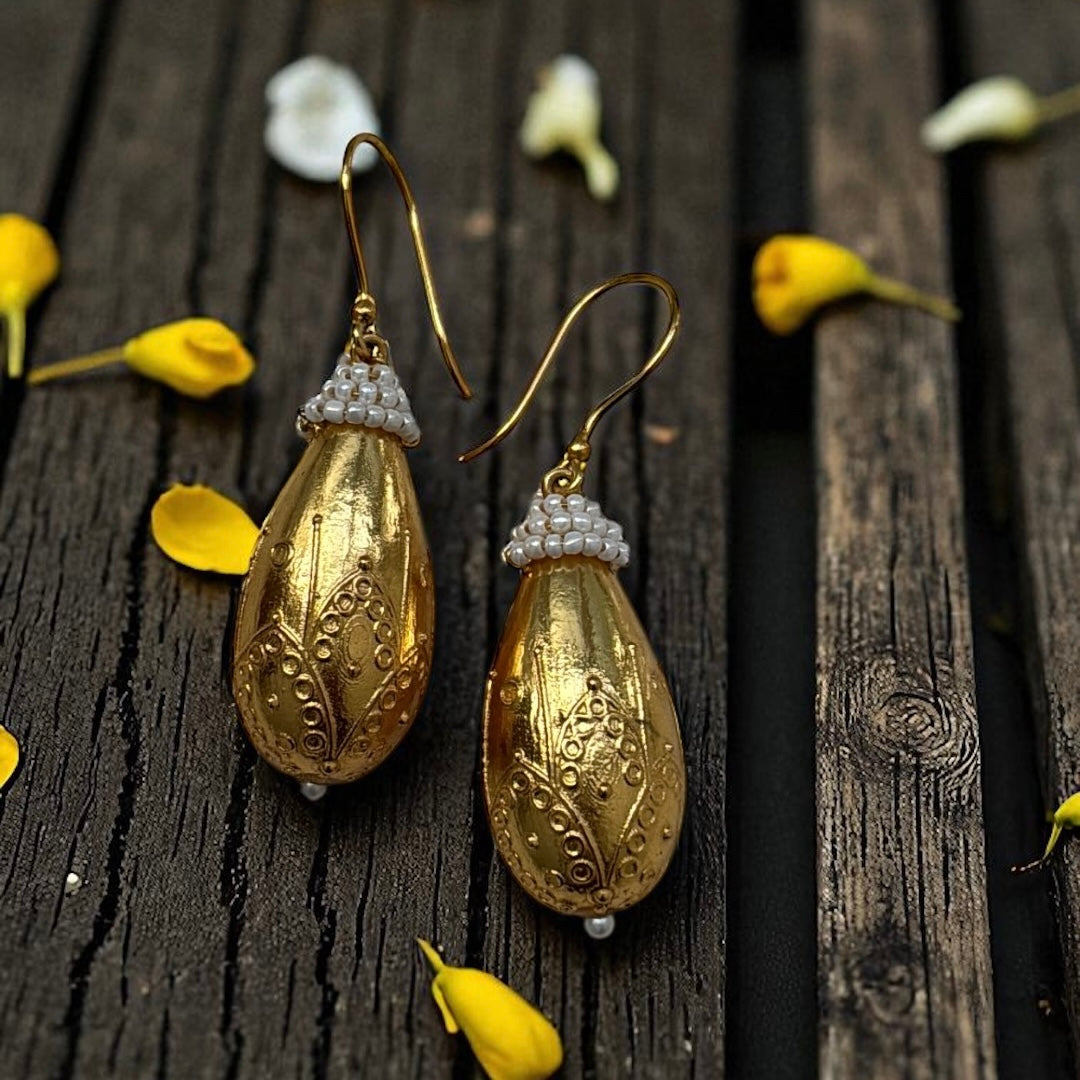 Golden Drop & Pearl Earrings