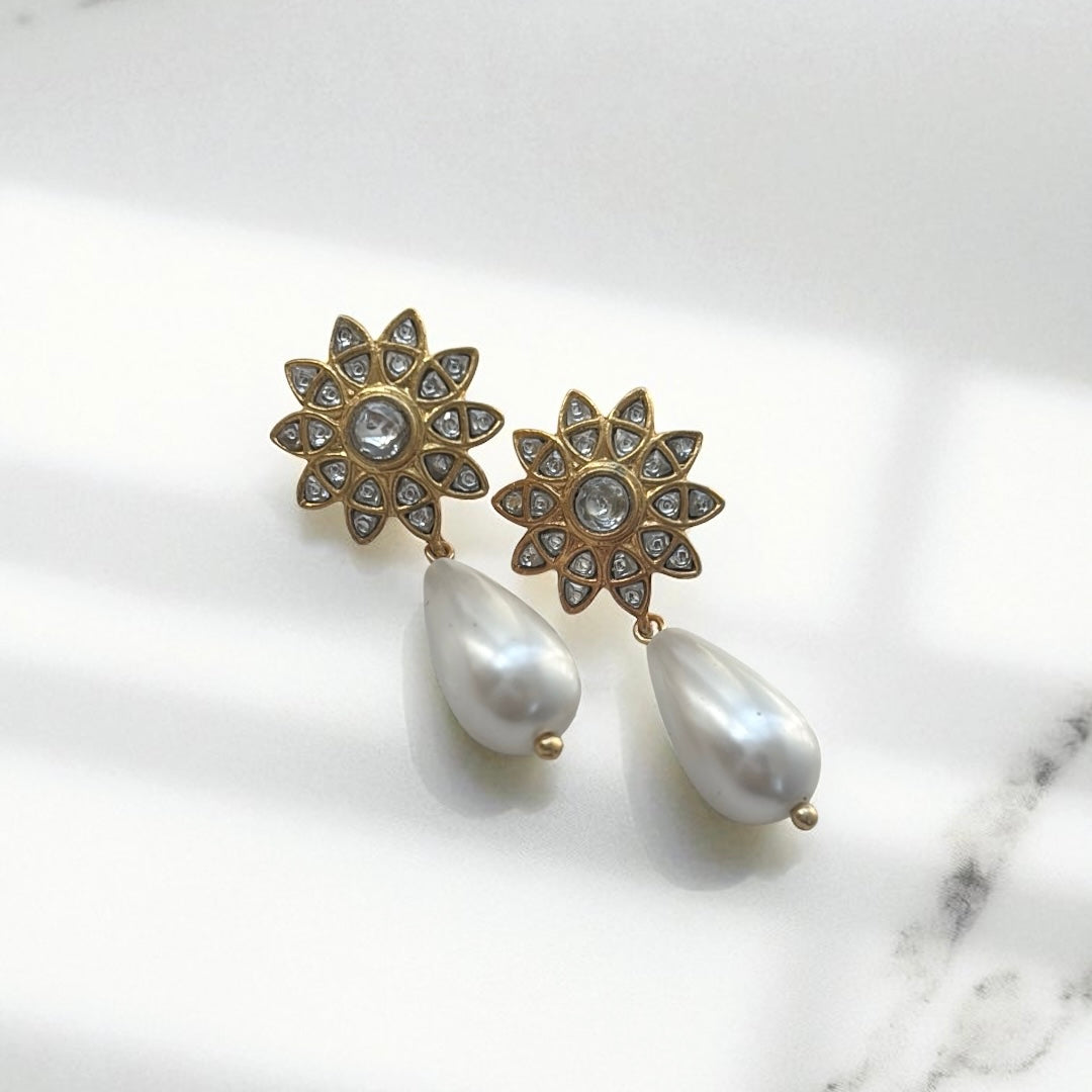Polki Pearl Drop Earrings