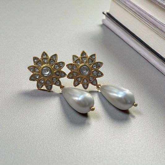 Polki Pearl Drop Earrings