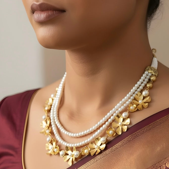 Triple Layered Floral Necklace with Pearls
