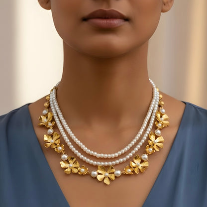 Triple Layered Floral Necklace with Pearls