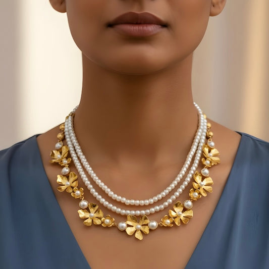 Triple Layered Floral Necklace with Pearls