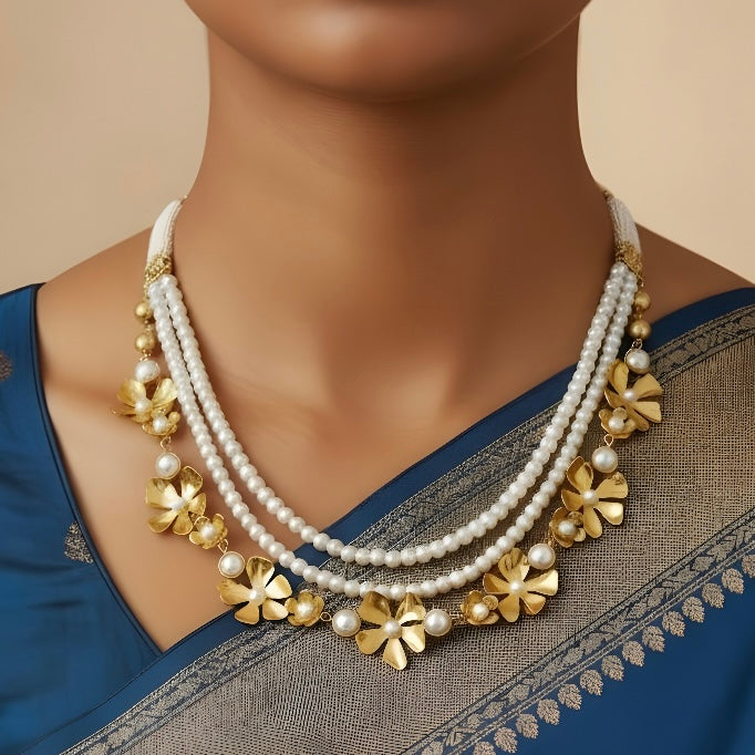 Triple Layered Floral Necklace with Pearls