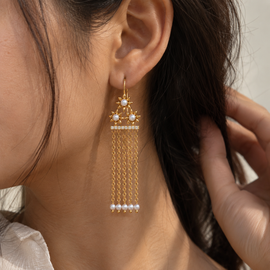 Three Flower Multi Chain Earrings