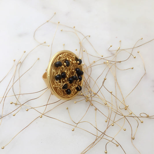 Beaded Black Mesh Ring