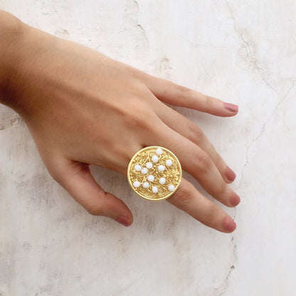 Beaded White Mesh Ring