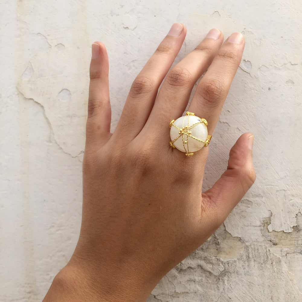 Rainbow Moonstone Mesh Stud Ring