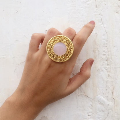 Statement Rose Quartz Mesh Ring